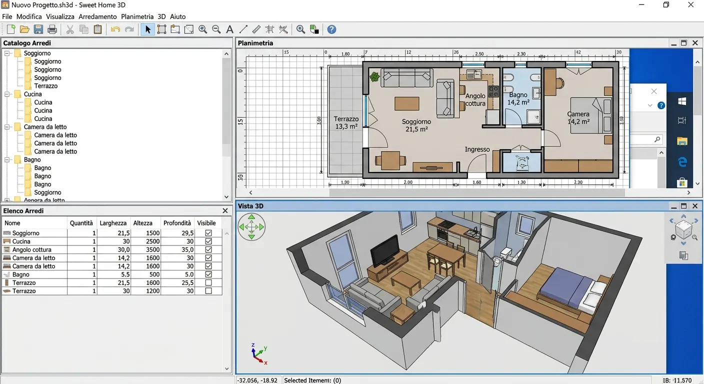 Interfaccia di Sweet Home 3D con planimetria di esempio
