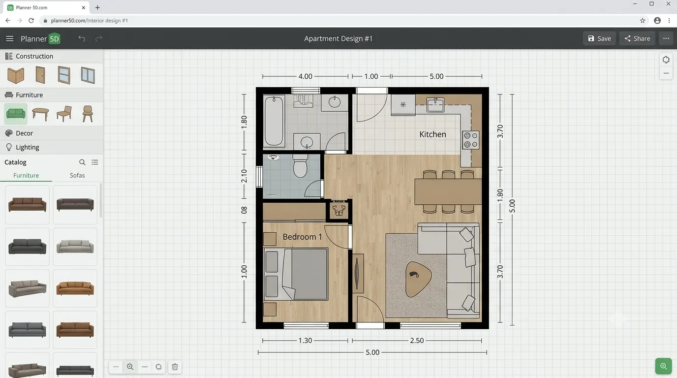 Interfaccia di Planner 5D con planimetria di esempio